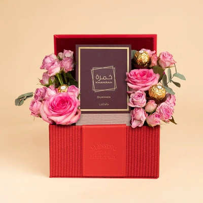 Smoky Petals & Praline: Luxurious Floral Gift Box with Khamrah Dukhan