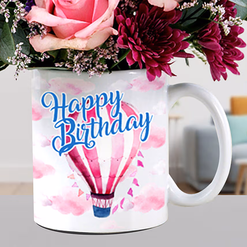 Beautiful Mixed Flowers In Birthday Mug