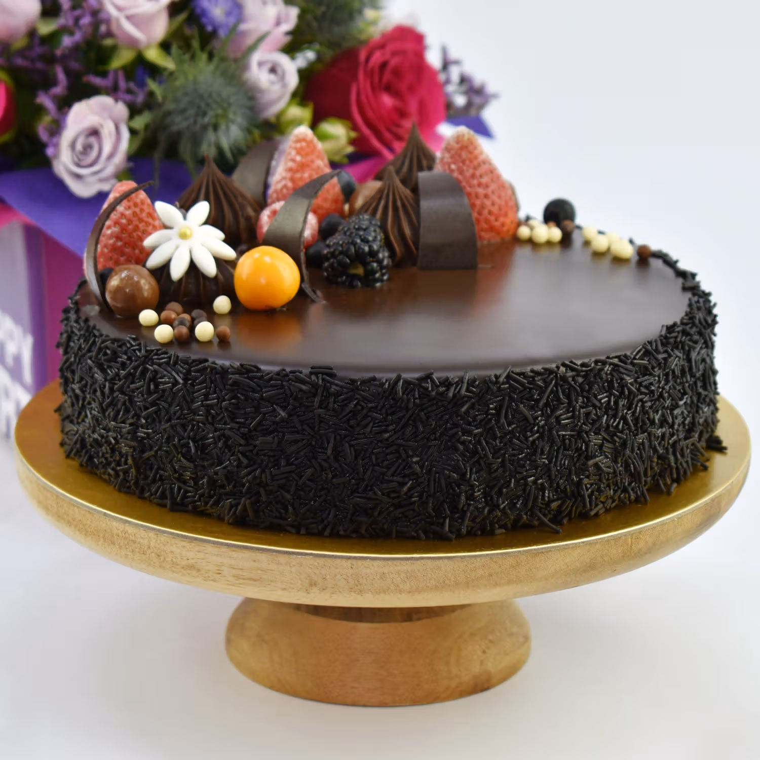Delicious Chocolate Fudge Cake & Vibrant Birthday Flower Arrangement