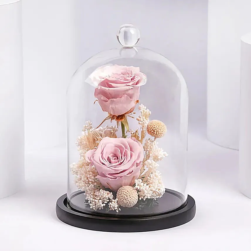 Preserved Pink Roses In Glass Dome For Mom