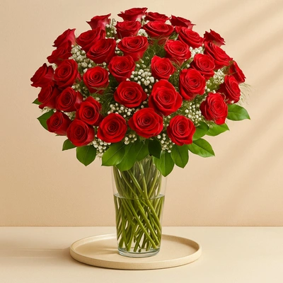 Luxurious Bouquet of 50 Scarlet Red Roses with Elegant Fillers in a Glass Vase