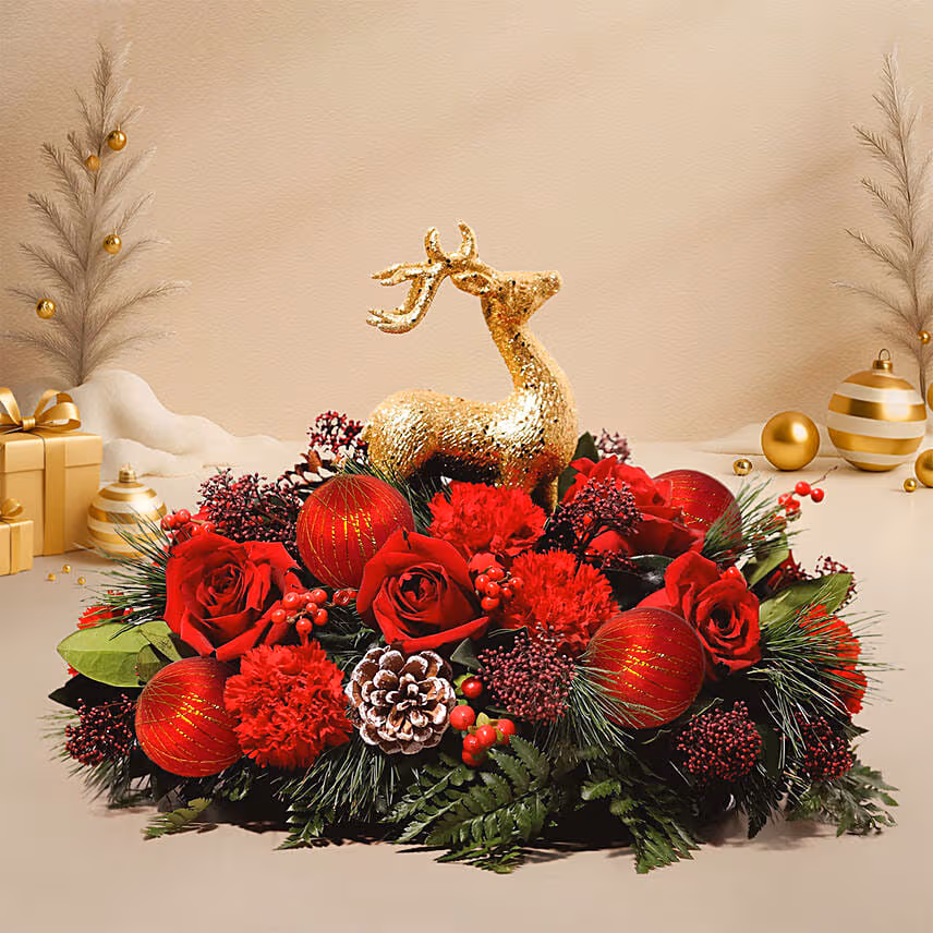 Happy Holidays Table Flowers with Reindeer
