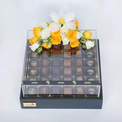 Exquisite Chocolate Charm Delight Box with Fresh Floral Elegance