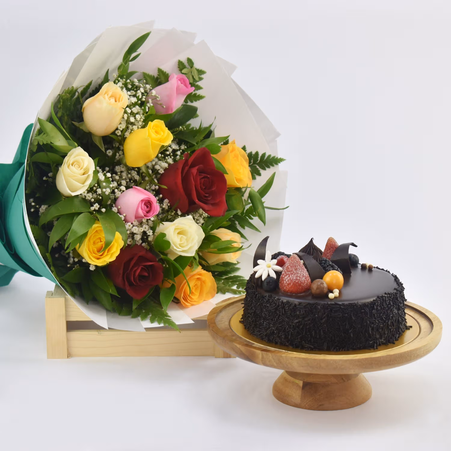 Elegant Bouquet of Multicolor Roses with Decadent Chocolate Fudge Cake