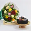Elegant Bouquet of Multicolor Roses with Decadent Chocolate Fudge Cake