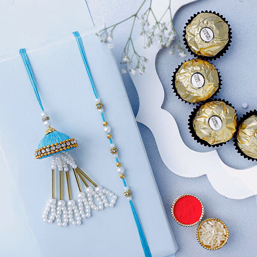 Tranquil Teal Jhumar Lumba Pearl Rakhi Set N Ferrero Indulgence