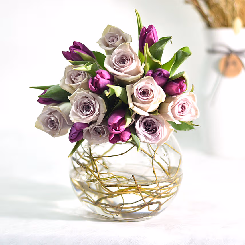 Beautiful Tulips Roses In Fish Bowl With Chocolate Cake