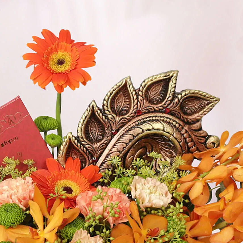 Premium 5 Diya Deepavali Flowers and Chocolate