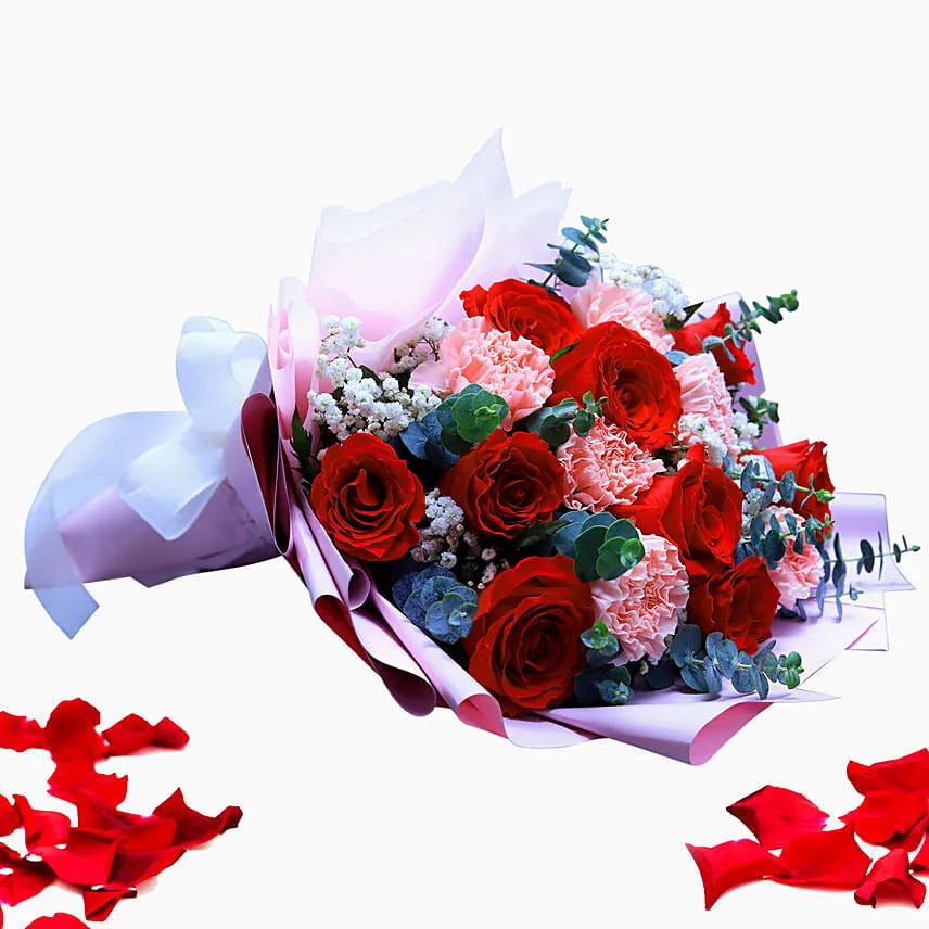 Mixed Flower Bouquet With Red Velvet Heart Shaped Cake