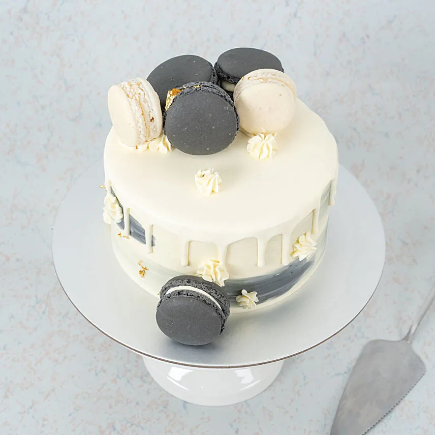 Grey and White Macarons Black Chocolate Cake 6 inch