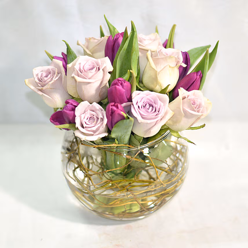 Beautiful Tulips Roses In Fish Bowl With Chocolate Cake