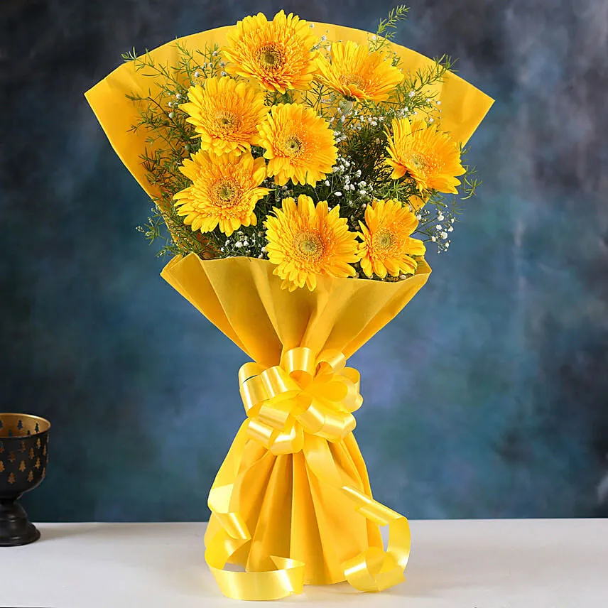 Yellow Mystique Gerbera Blossoms with Birthday Balloon