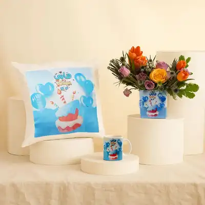 Charming Birthday Flower Vase with Mug and Cushion Gift Set