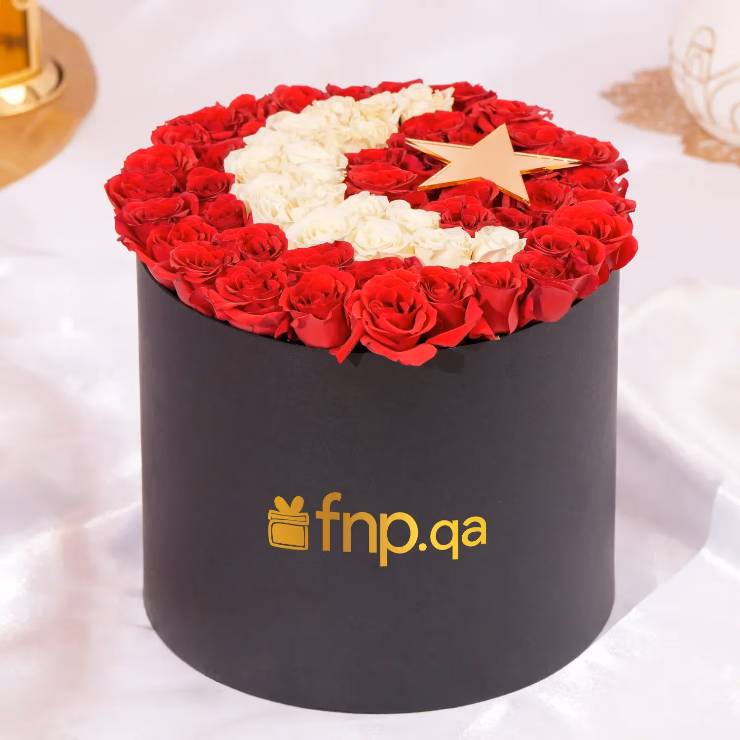 Crescent Moon Flowers Box with Red and White Roses