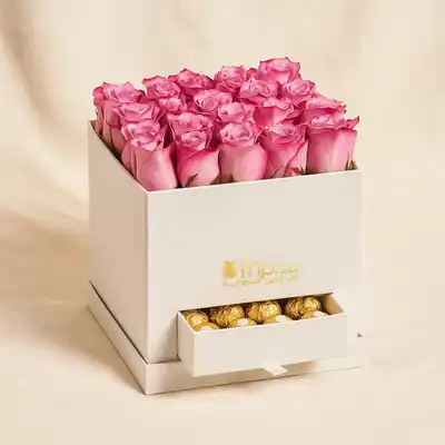 Stunning Purple Roses With Ferrero Rocher Box