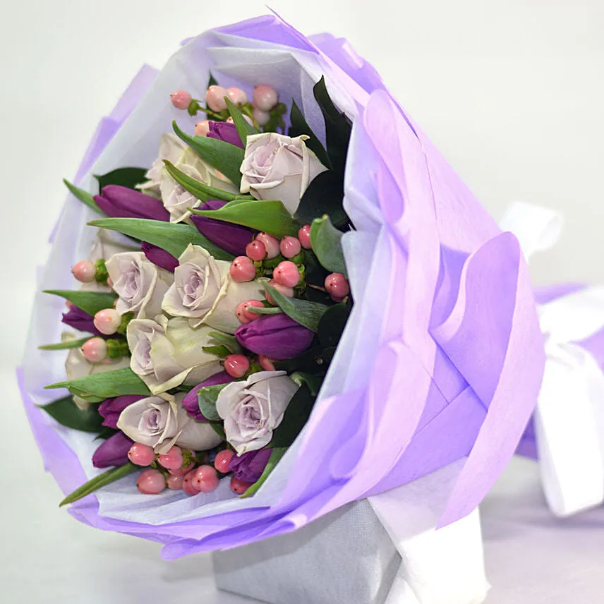 Tulips Roses Elegant Bouquet With Teddy Bear