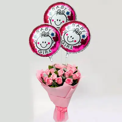 Celebrate a New Arrival: Pink Roses Bouquet with 'It's a Girl' Balloons