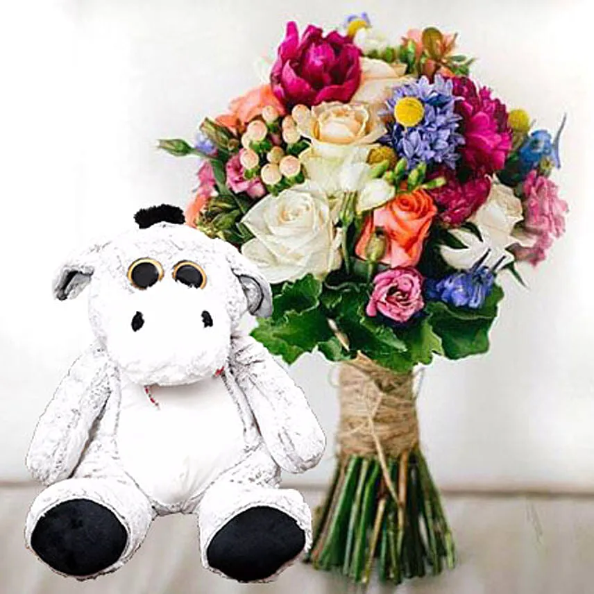 Ravishing Flowers and Brown Teddy Combo