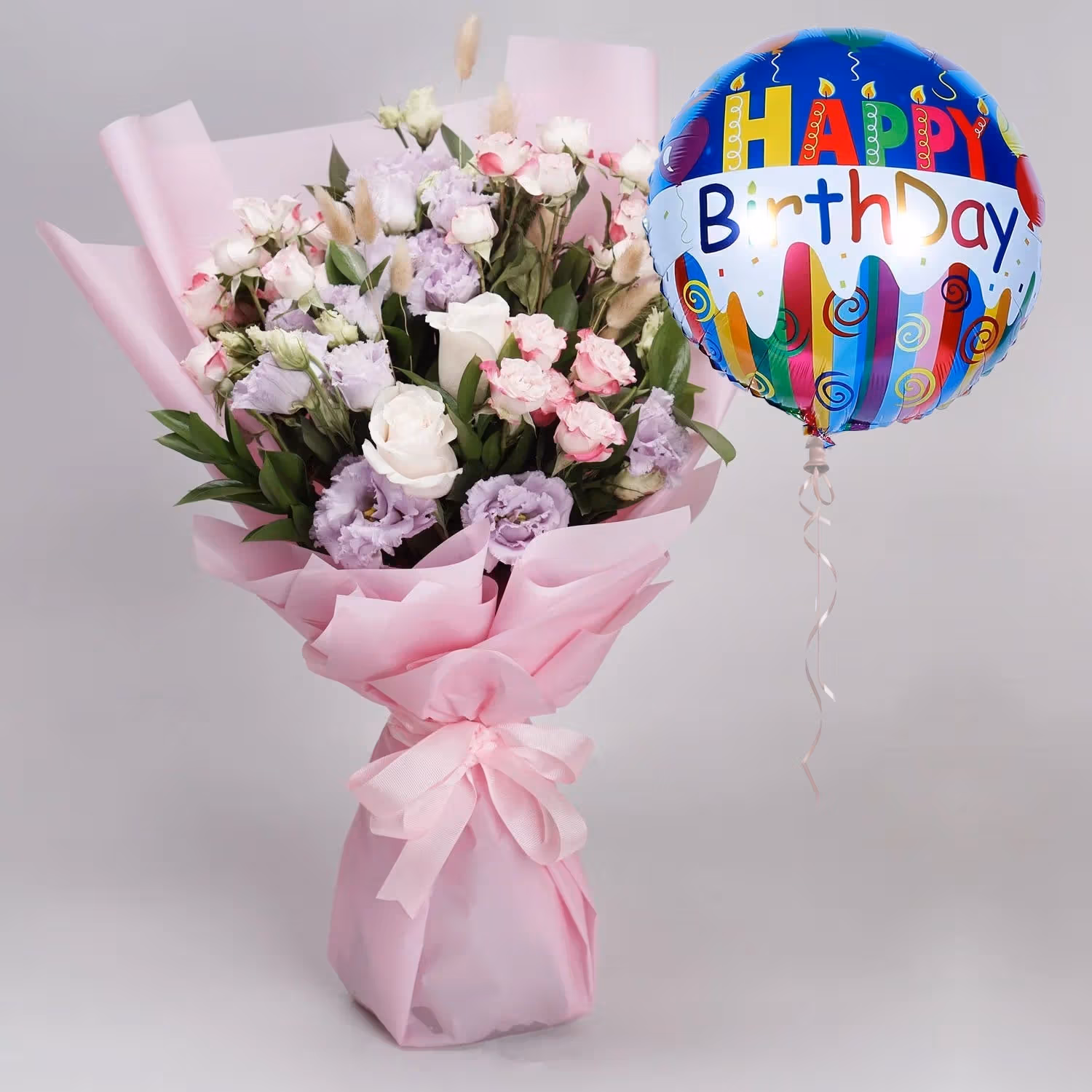 Elegant Mixed Flower Bouquet - With Birthday Balloon