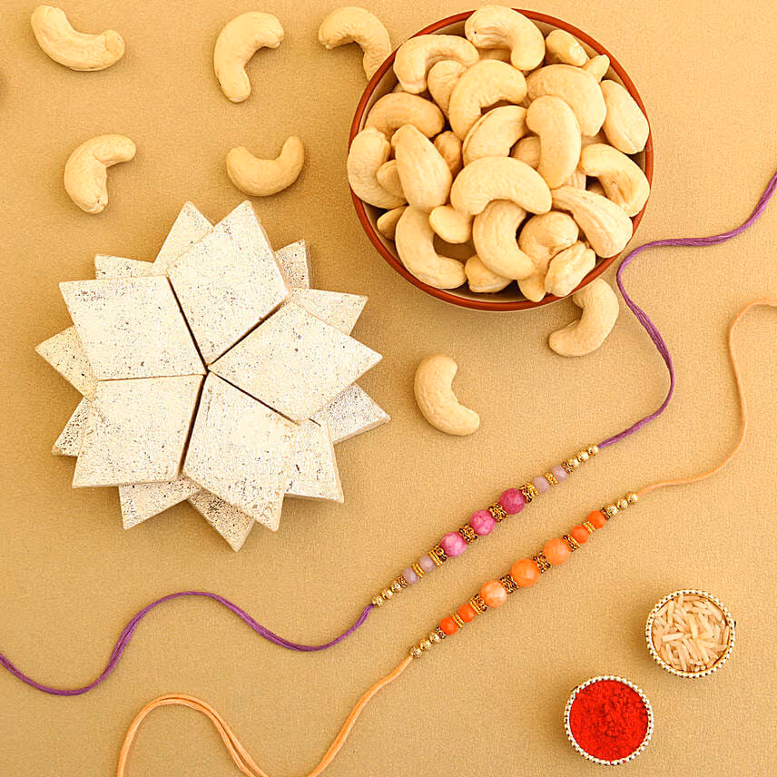 Sneh Peachy Rakhis With Cashews & Kaju Katli