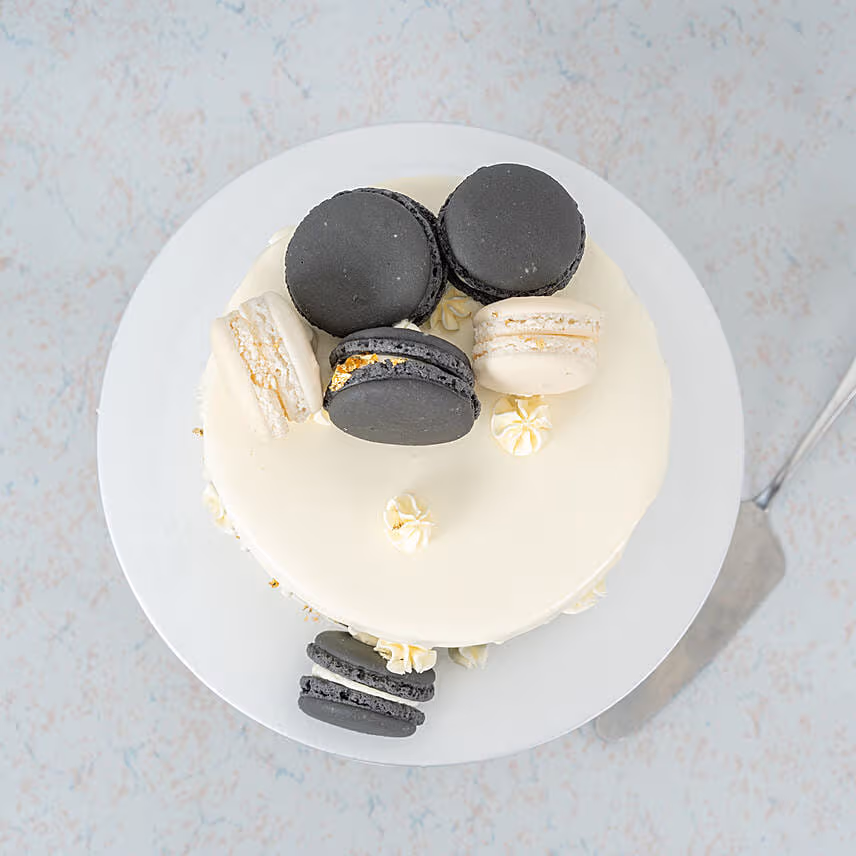 Grey and White Macarons Strawberry Cake 8 inch