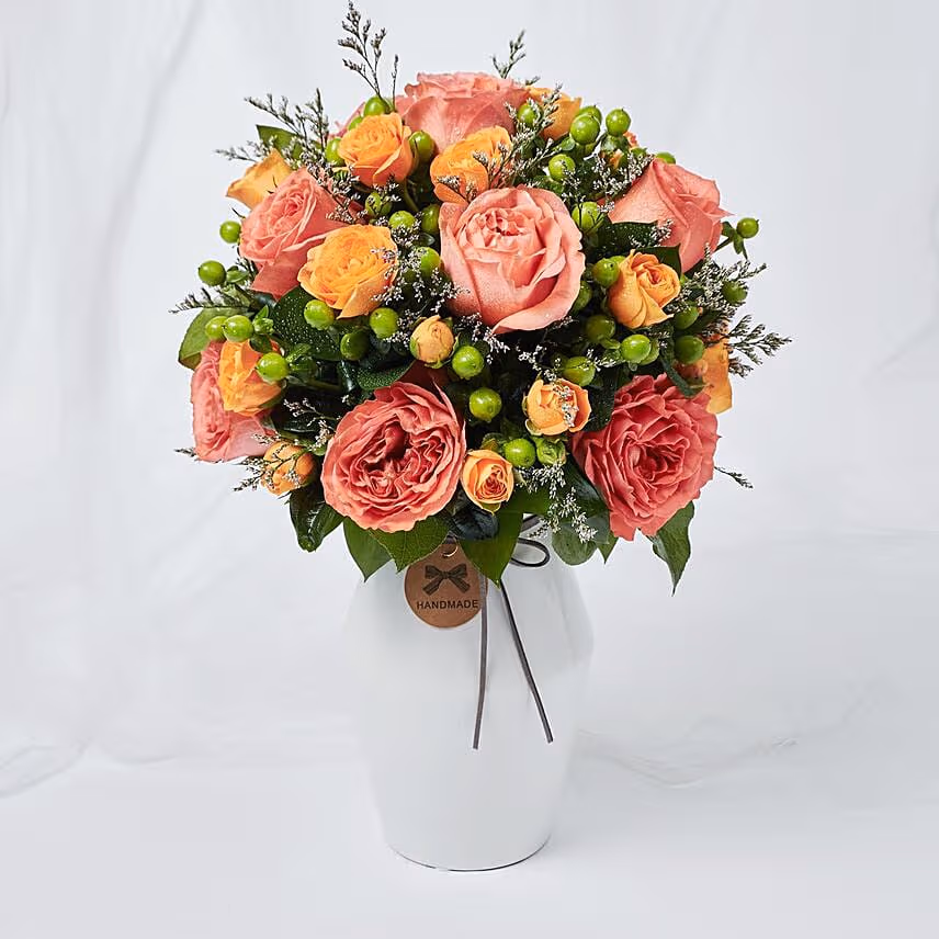Exotic Flowers Ceramic Vase Arrangement With Cake
