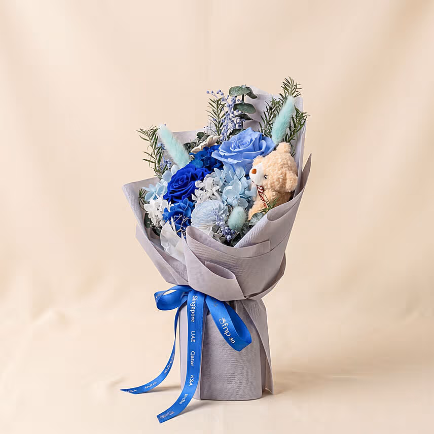 Mystic Blue Preserved Roses Bouquet with Teddy Bear