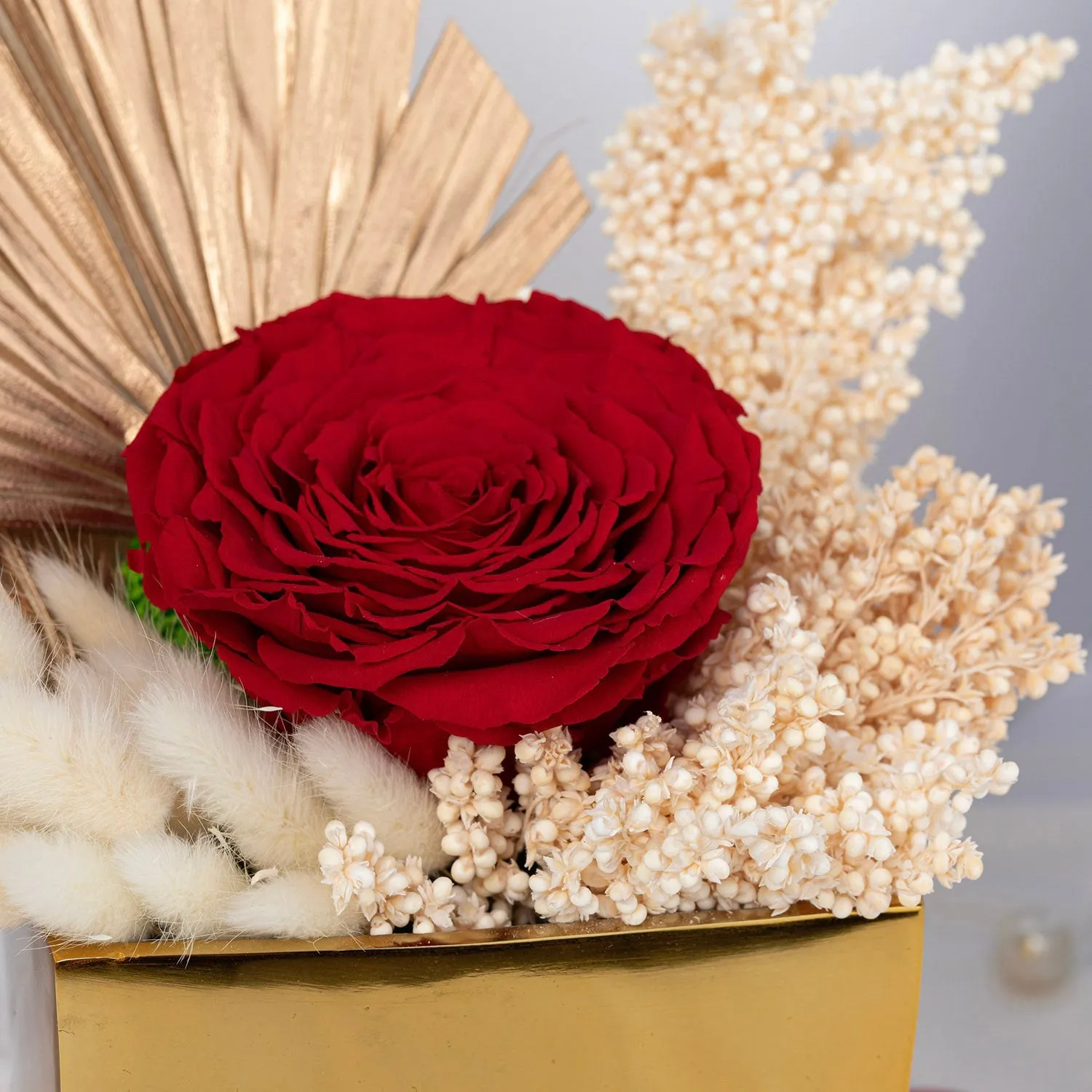 Luxurious Regal Red Forever Rose in Golden Vase