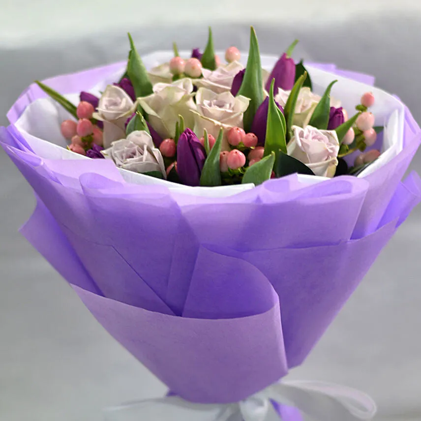 Tulips Roses Elegant Bouquet With Teddy Bear