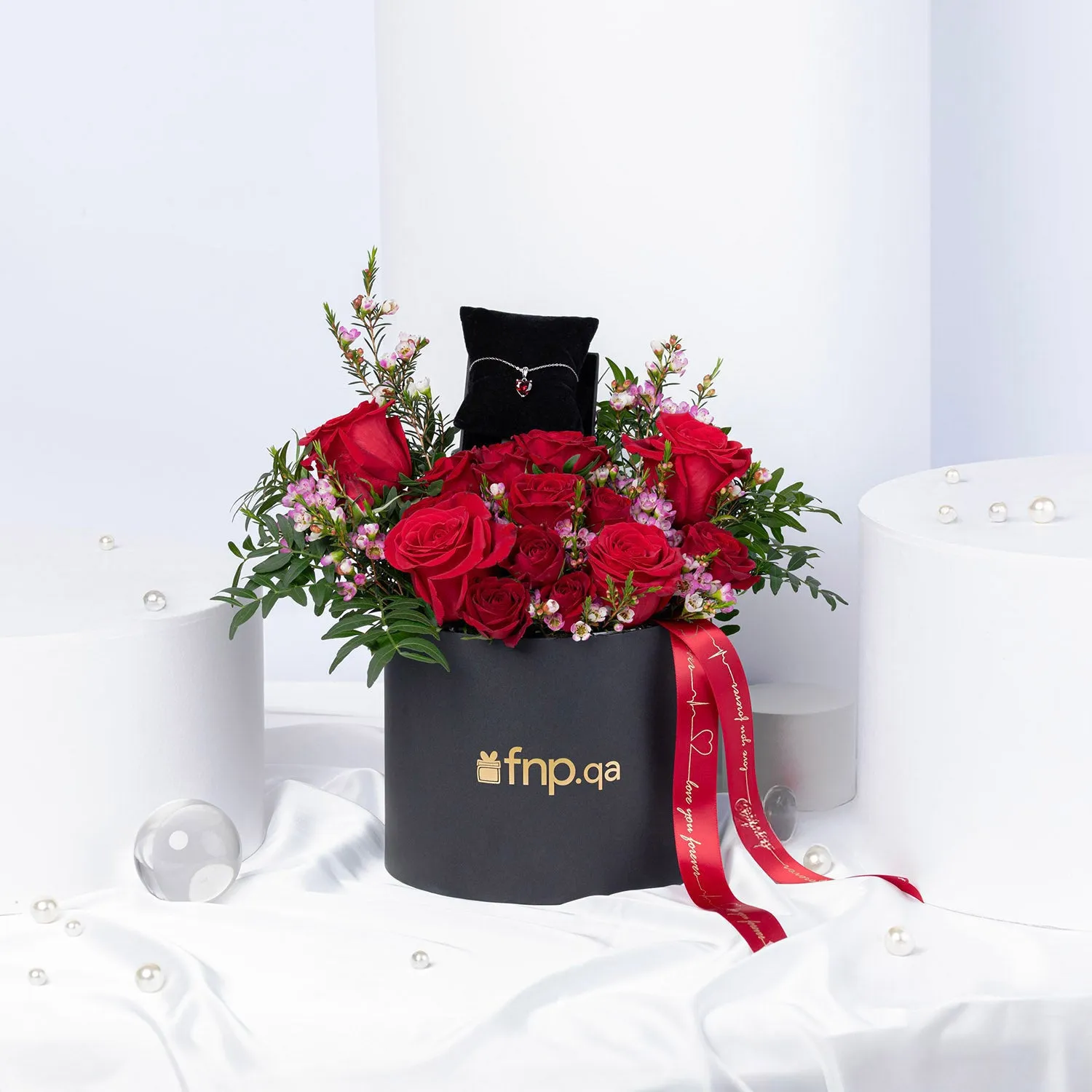 Luxurious Rose Box with Radiant Heart Silver Necklace