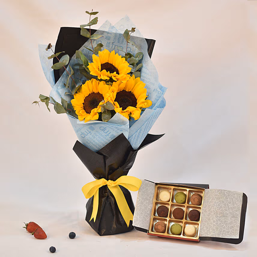 Gleaming Sunflower Bouquet With Truffle Chocolate