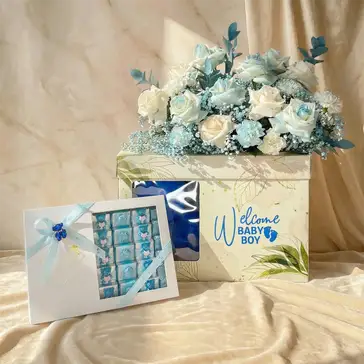 Heavenly Blue Welcome Bloom with Opera Chocolates