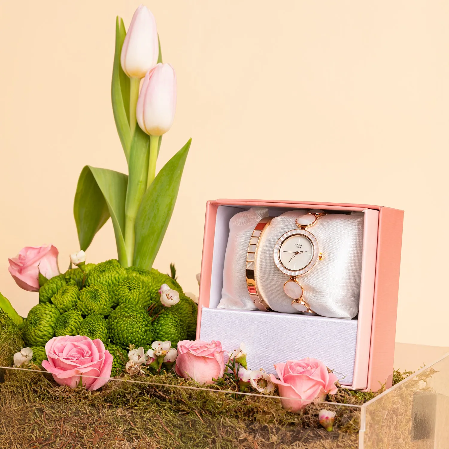 Elegant Gift Set: Loverly Roses and Titan Raga Power Pearls Quartz Analog Watch for Women
