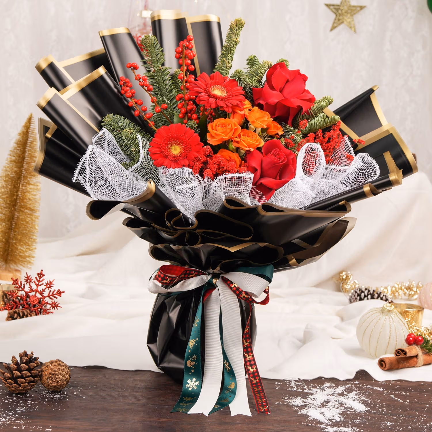 Festive Holiday Celebration Bouquet with Christmas Chocolate Cake