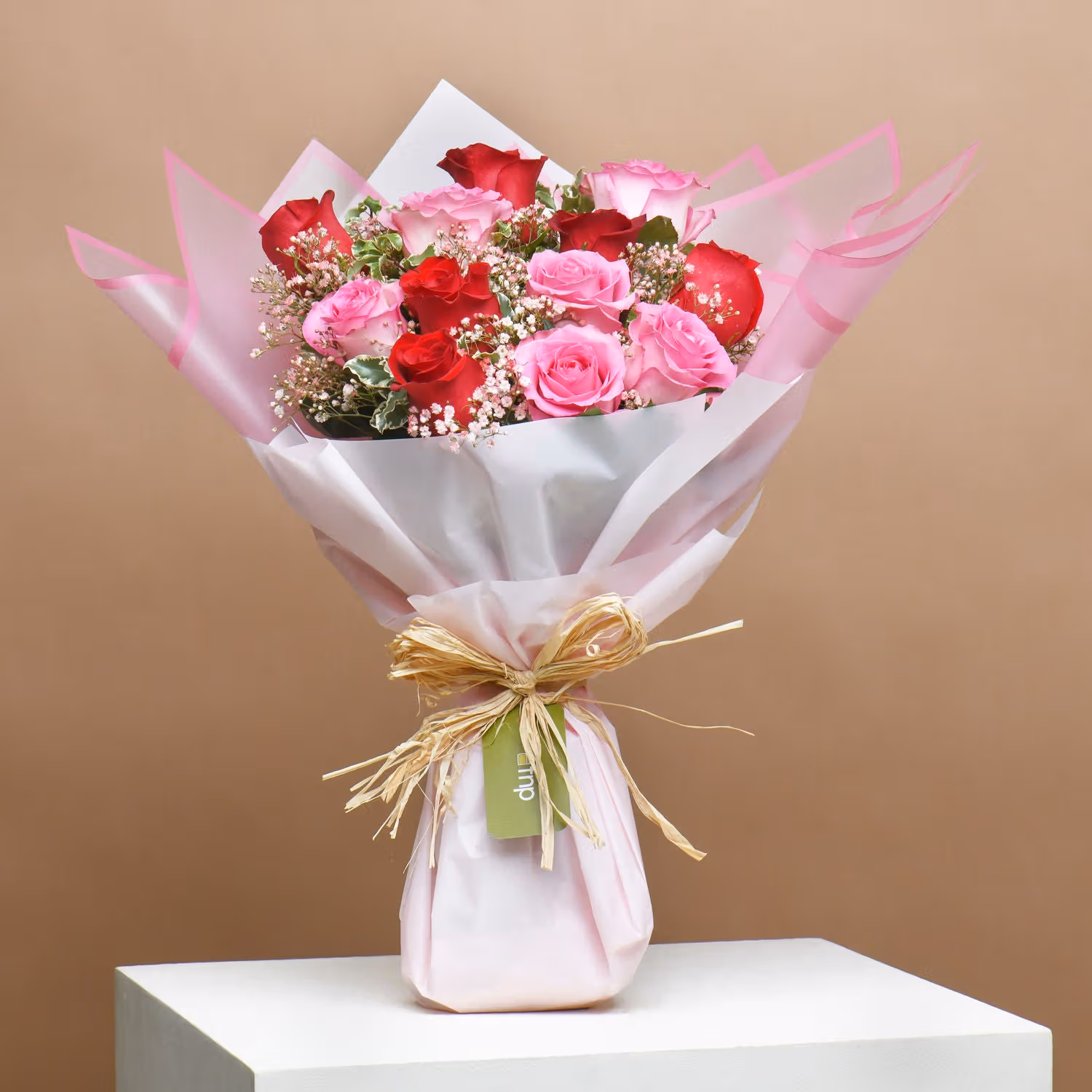 Exquisite Romance: Pink & Red Roses with Ferrero Rocher Chocolate Cake