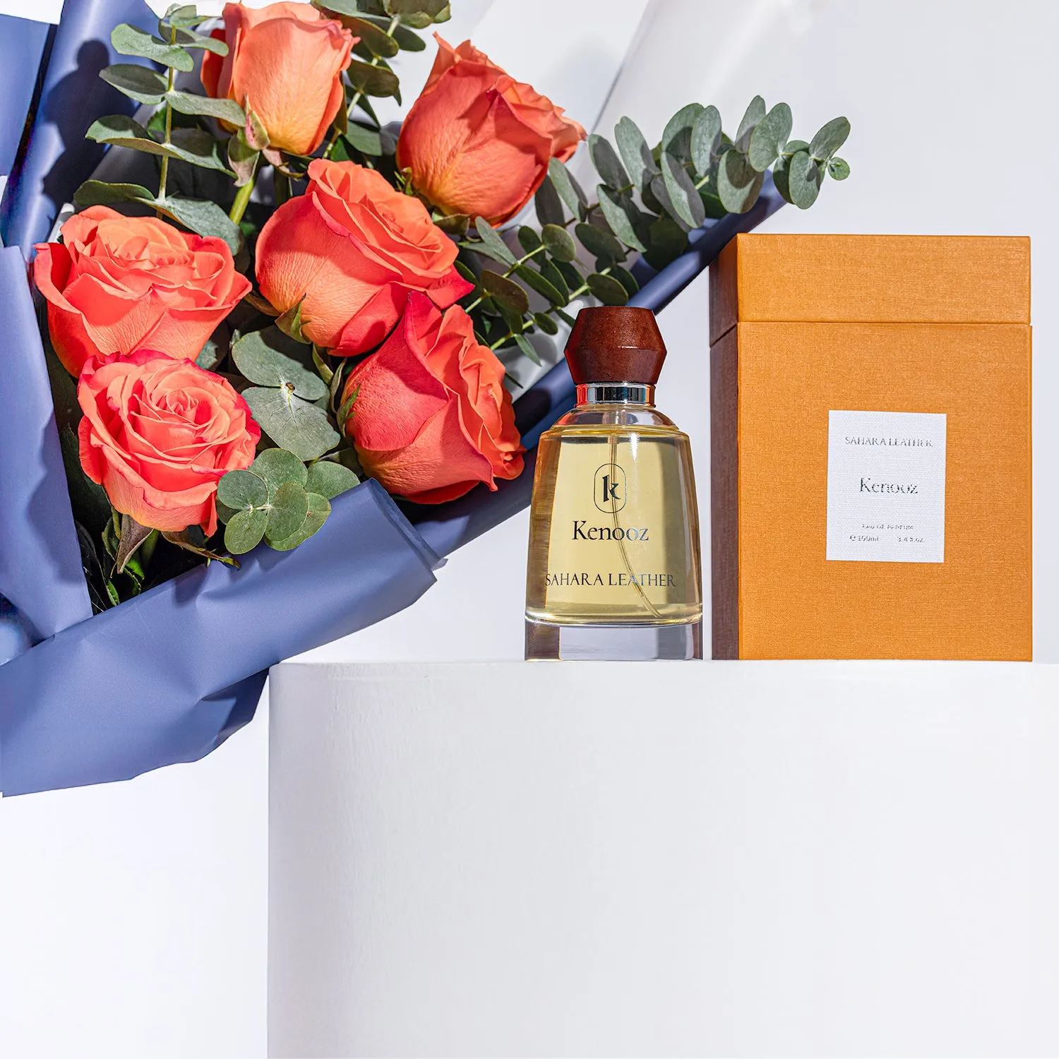 Sahara Leather 100ml Unisex Perfume Gift Set with Orange Roses and Eucalyptus by Kenooz