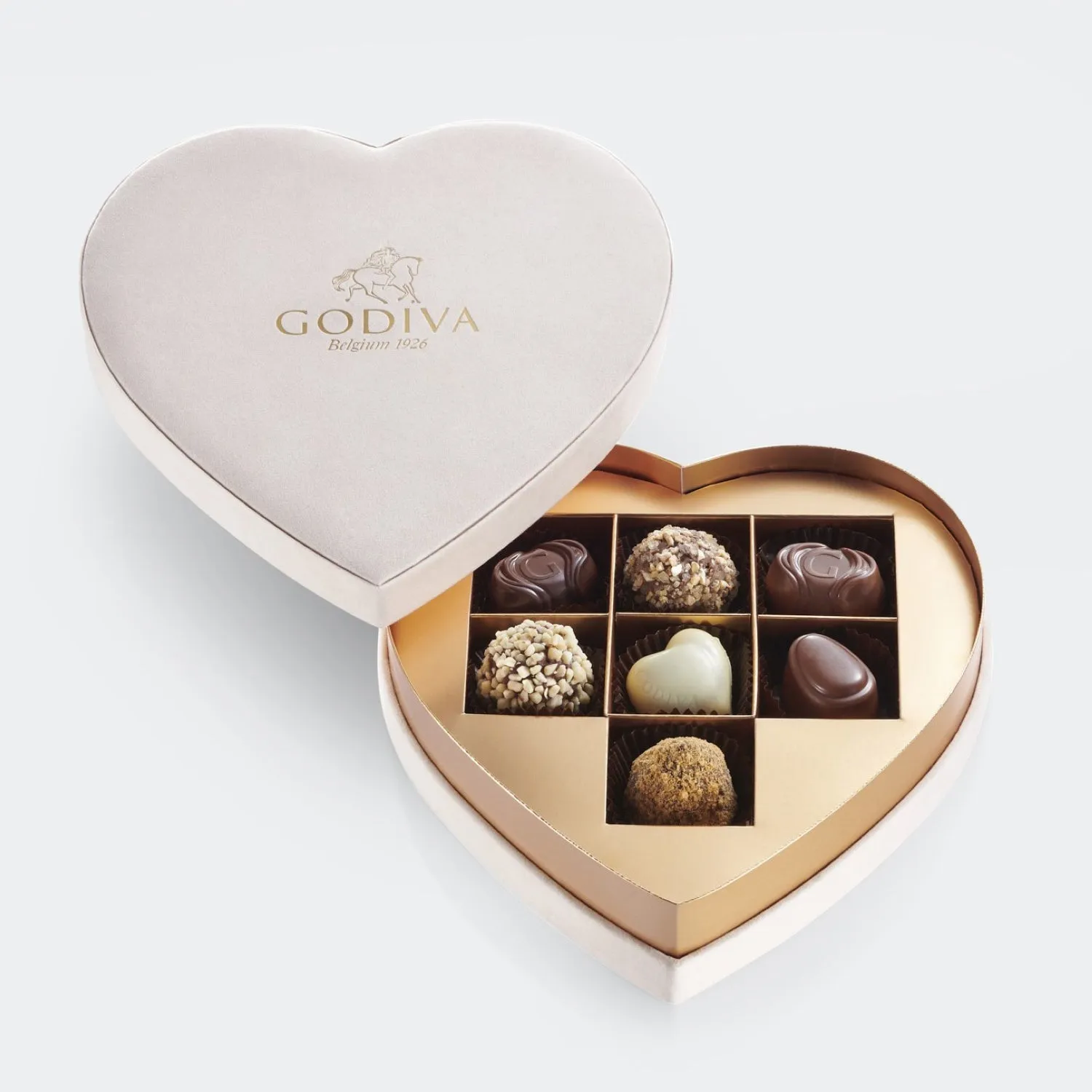 Elegant Godiva Beige Velvet Heart Gift Box with Luxurious Gerberas Bouquet