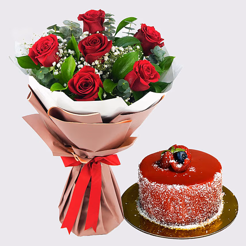 Bunch Of Beautiful 6 Red Rose with Mini Mousse Cake