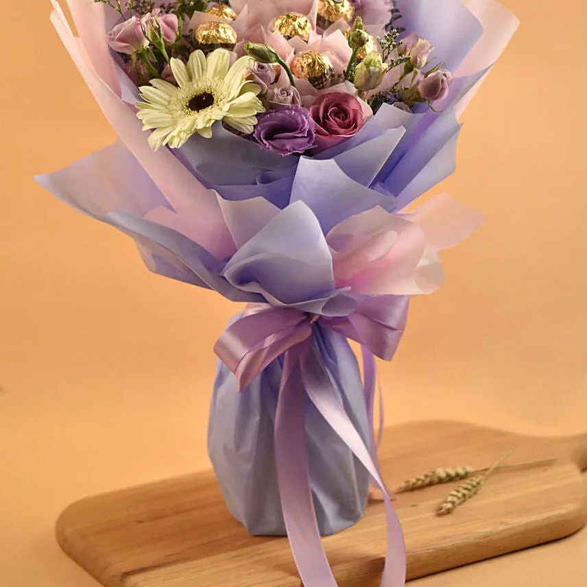 Mixed Flowers & Ferrero Rocher Bouquet With I Love You Balloon For Love