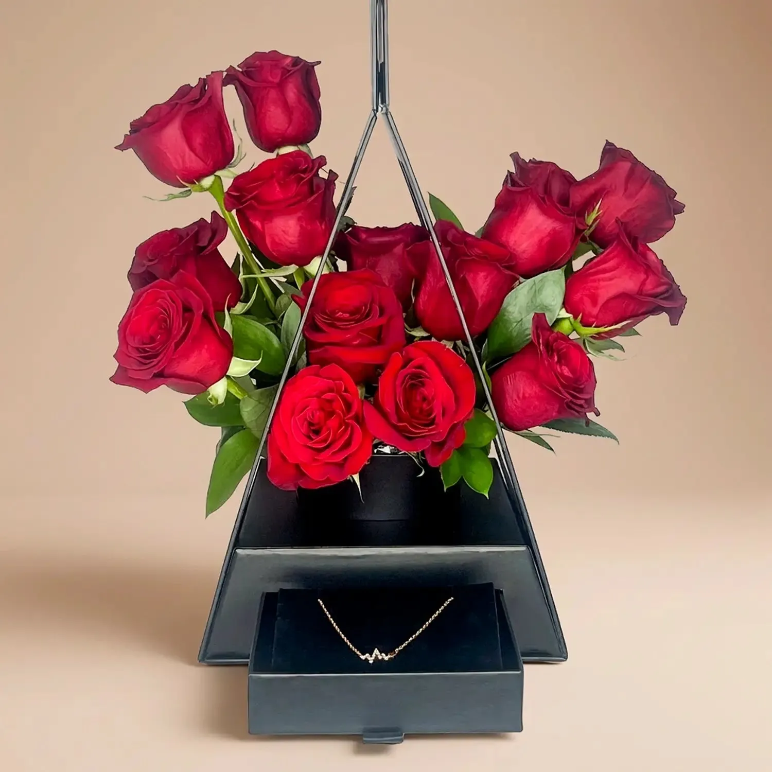 Midnight Romance Rose Box with Heartbeat Crystal Necklace