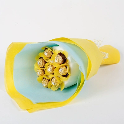 Luxurious Ferrero Rocher Chocolate Bouquet with Elegant Yellow and Blue Wrapping