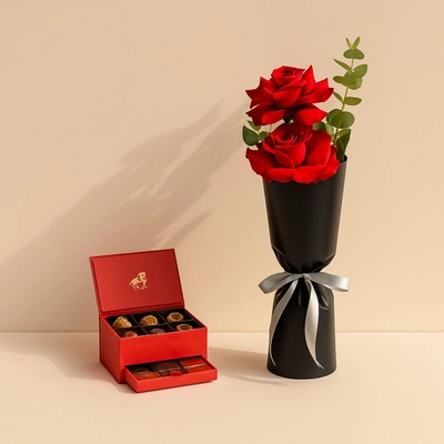 Elegant Gift Set: Luxurious Godiva Chocolate with Red Roses and Eucalyptus
