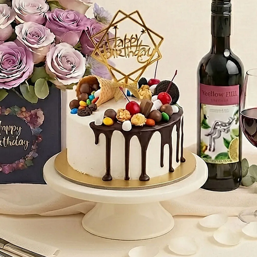 Birthday Gift Set - Roses Cake & Wine Combo