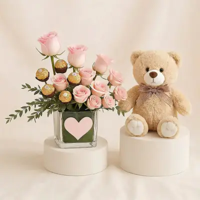 Pink Bliss | Baby Rose With Chocolates n Cute Teddy Bear 
