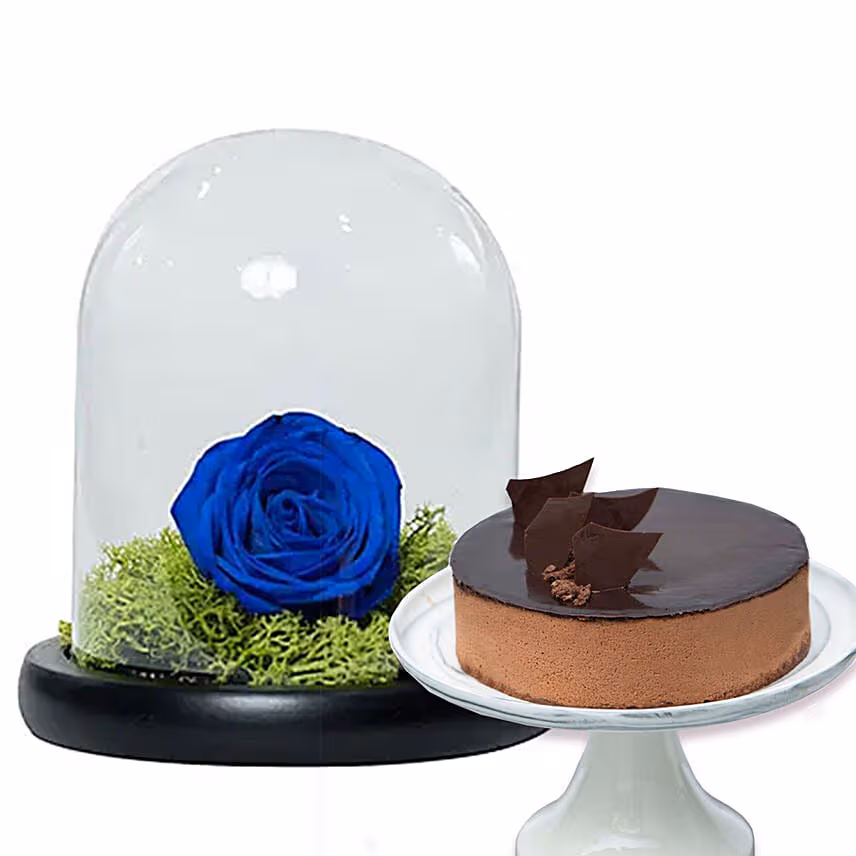Chocolate Cake & Forever Rose In Glass Dome- Blue