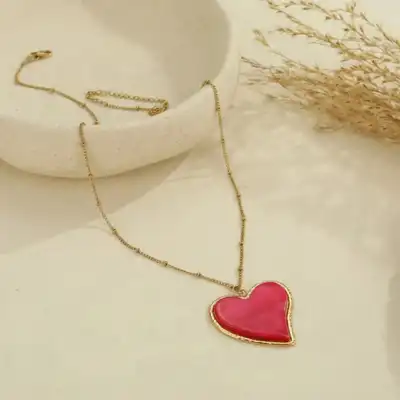 Elegant Glossy Red Heart Pendant Necklace in Gold-Tone Stainless Steel