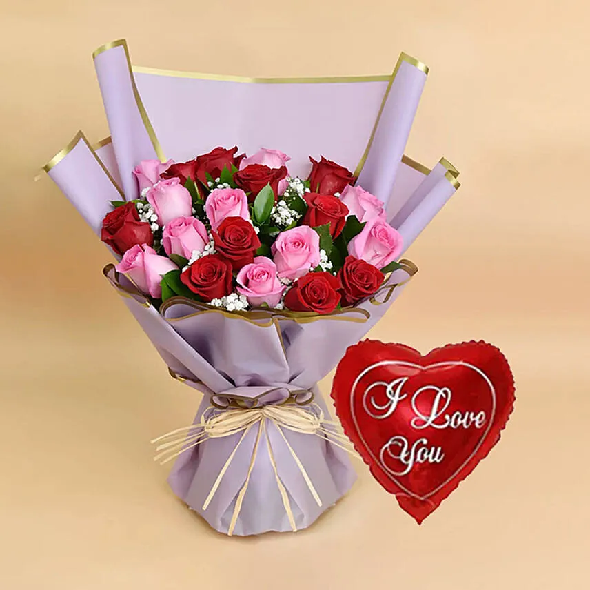Love Expressions Pink And Red Roses Bouquet With I Love You Balloon For Valentines Day