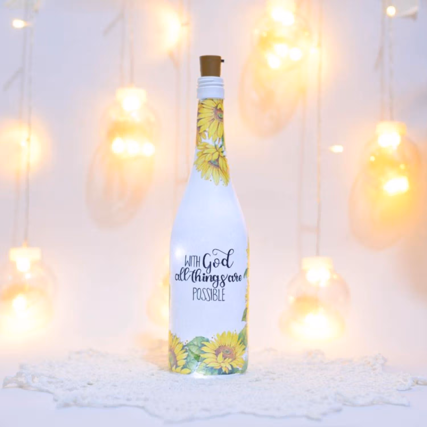LED Hand-Painted Glass Bottle with Inspirational Quote and Sunflower Design