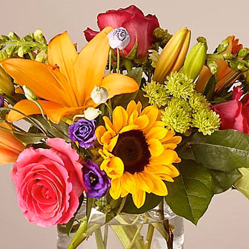Heavenly Mixed Flowers Glass Vase With Birthday Balloons