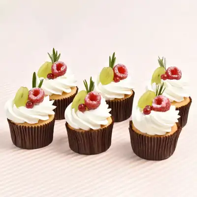 Delicious Eggless Vanilla Chocolate Cupcakes - Box of 6 with Fresh Fruit Toppings
